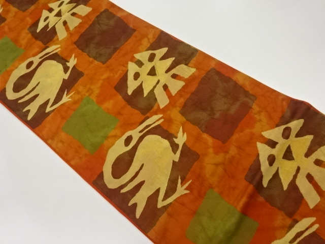 抽象色紙に鳥模様織出し袋帯